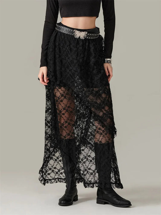 Y2K Lace Mesh See Through High Waist Asymmetrical Skirt