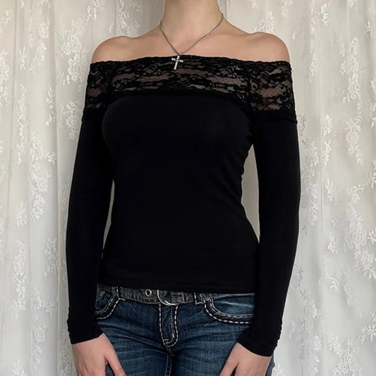 Lace Slash Neck Knit Top