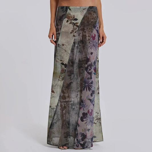 Retro Floral Print Long Patchwork Mesh Low Rise Skirt