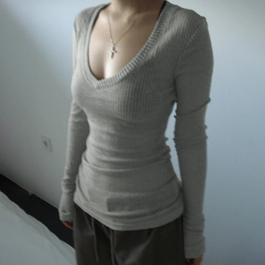 Slim-fitting Crop Top Micro-transparent V-neck Smock T-shirt Women