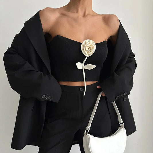 Solid Elegant Sleeveless Strapless Casual Flower Tube Crop Top