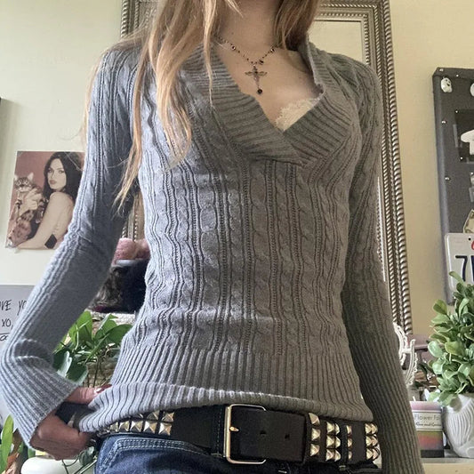 Cable Knitted Slim Fit Hooded Sweater Long Sleeve V Neck Women