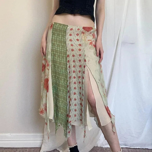 Low Waist Boho Skirts Irregular Length Floral Chiffon Vacation