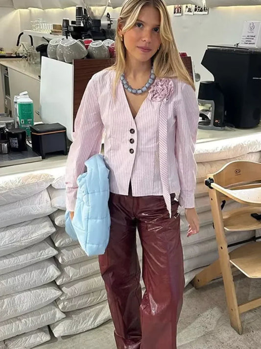 3D Flower Splicing V Neck Pink Bloshope