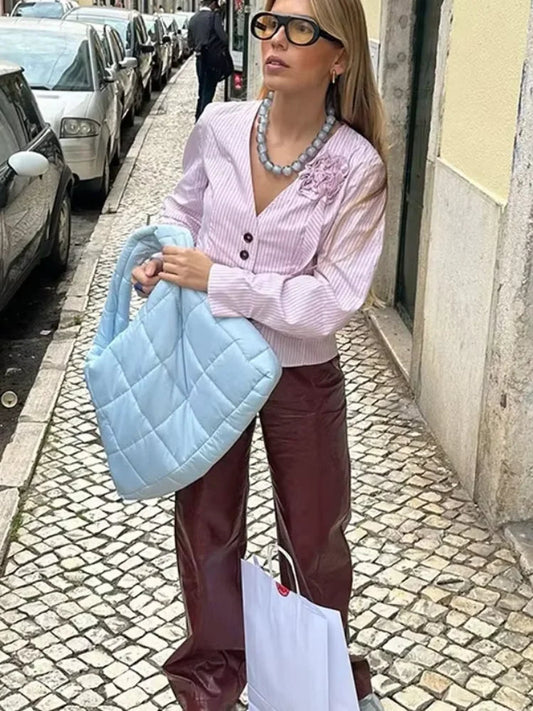 3D Flower Splicing V Neck Pink Bloshope