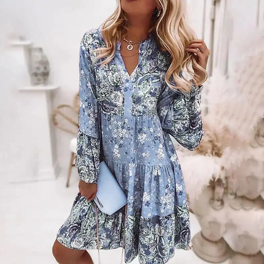 Boho Casual V-neck Loose A-line Floral Beach Party Dress