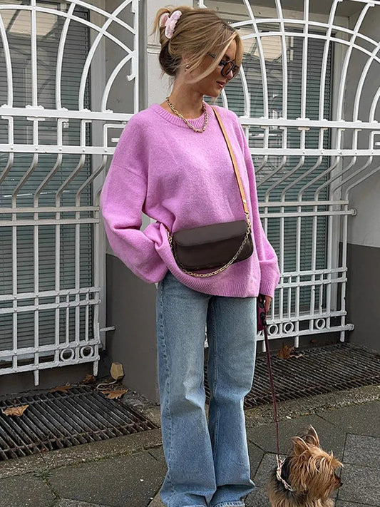 Rose Pink O - neck Lantern Sleeve Sweater