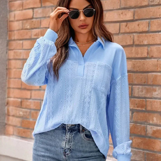 Solid Lapel Pullover Knit Bloshope Elegant Bloshope