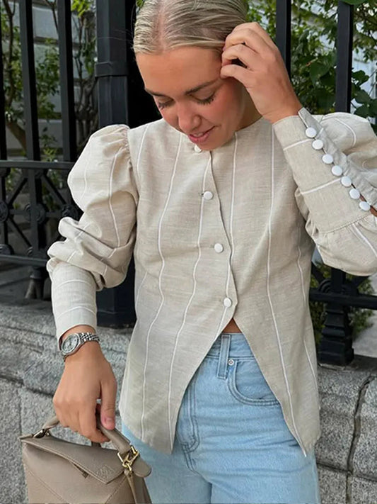 Bubble Sleeve Slanted Button Stripe Bloshope