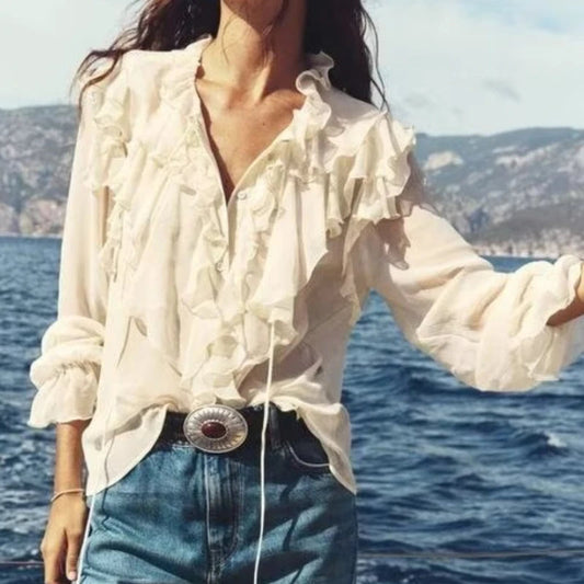 Chiffon Ruffles Bow Tie Long Sleeve Boho Bloshope