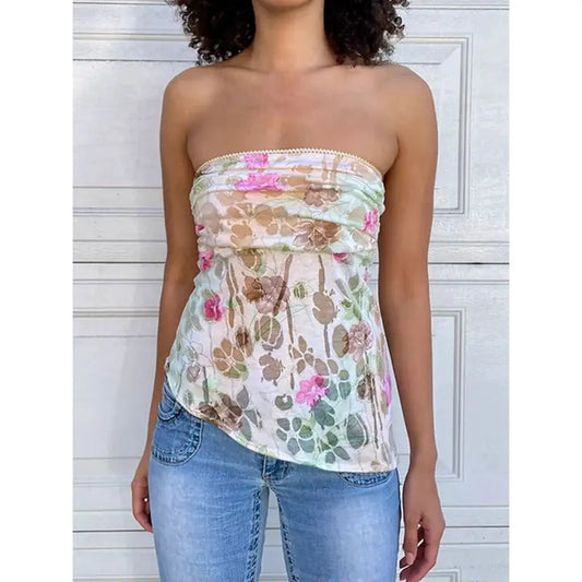 Strapless Flower Print Crop Top