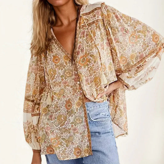 Cotton Rayon Floral Printed Long Sleeve V-Neck Boho Bloshope