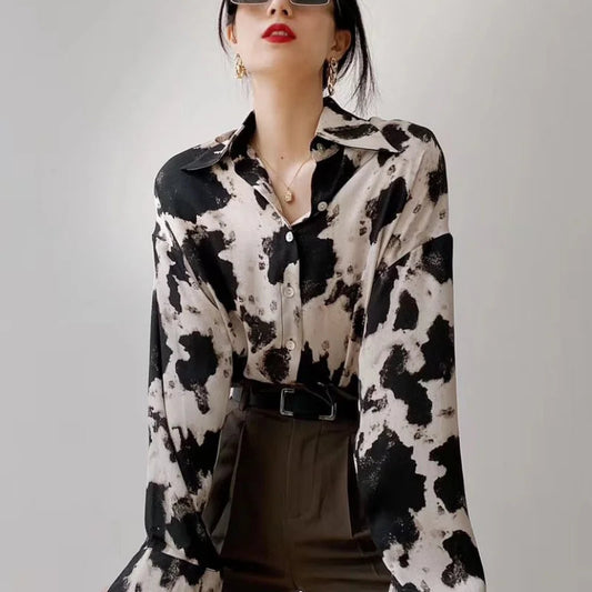 Cow Print Button Up Long Sleeve Bloshope