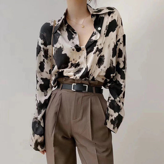 Cow Print Button Up Long Sleeve Bloshope