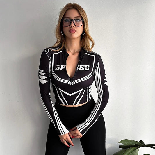 Motorcycle Zipper Printed Graphic Sexy Long Sleeve Knit Top