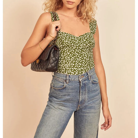 Polka Dot Sweetheart Neck Smocked Sleeveless Fitted Crop Top