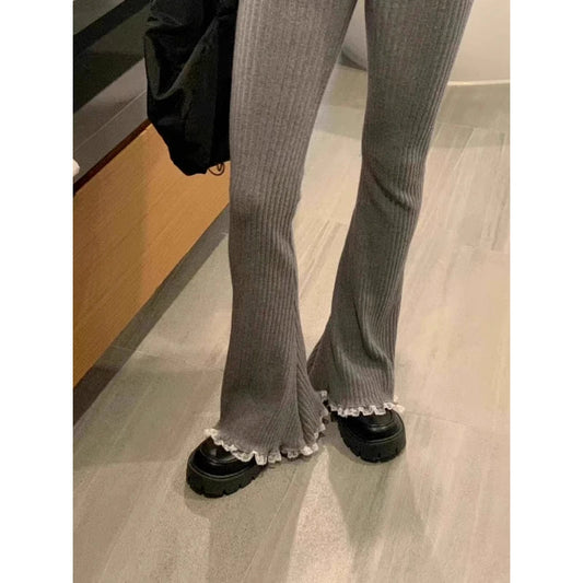 Gray Lace Flare Women Casual Knit Pants