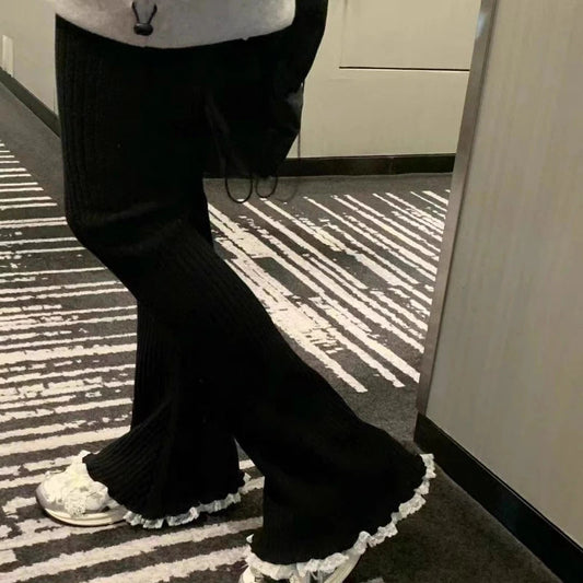 Gray Lace Flare Women Casual Knit Pants