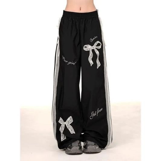 Black Bow Lace Y2K Women Vintage Pants