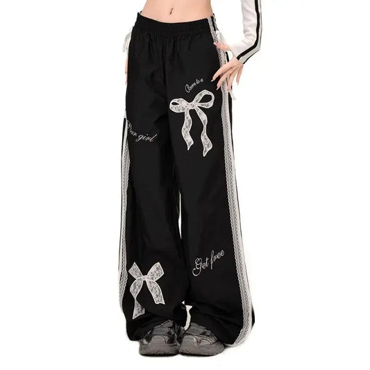Black Bow Lace Y2K Women Vintage Pants