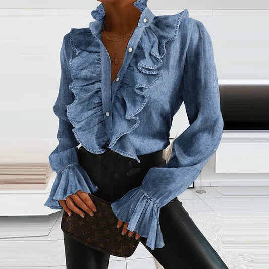 Denim Ruffled V Neck Pleated Bloshope