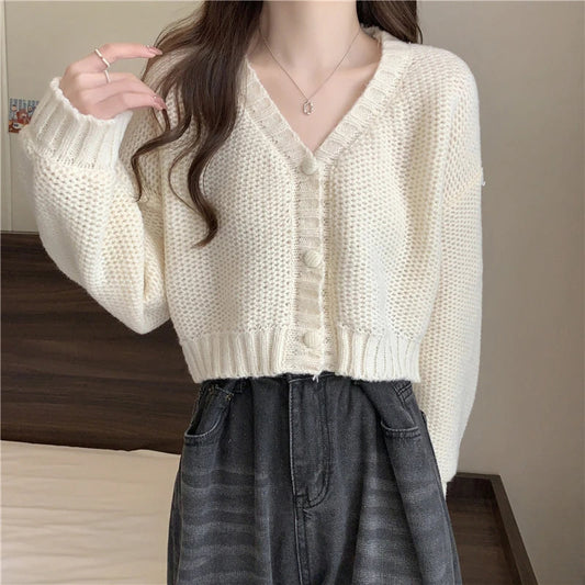Slim Solid V-Neck Button-Up Knitted Cardigan for Women