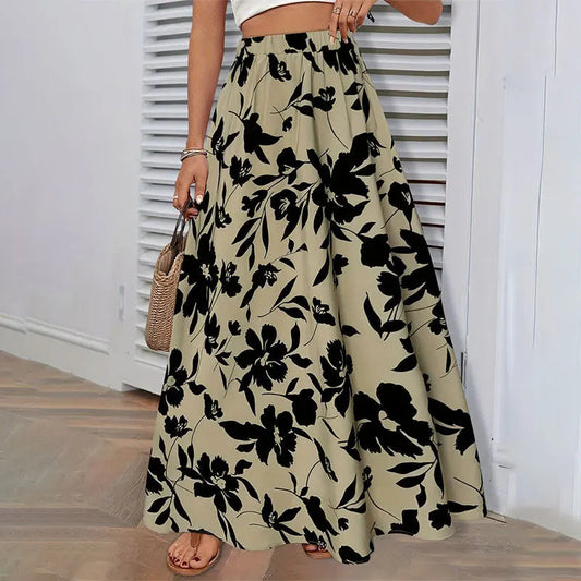 Elastic Waist Flowers Printed Women's A-line Skirt Summer Elegant