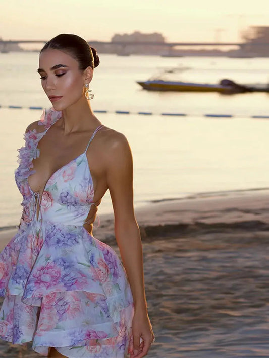 Lace-Up Ruffle Party Mini Dress