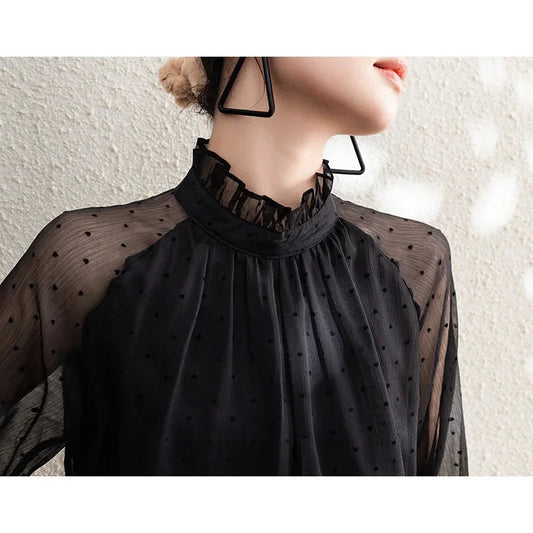 Polka Dot Chiffon Stand Collar Autumn Bloshope