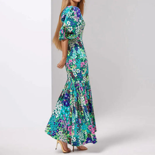 Elegant Blue Floral Lantern Sleeve Dress