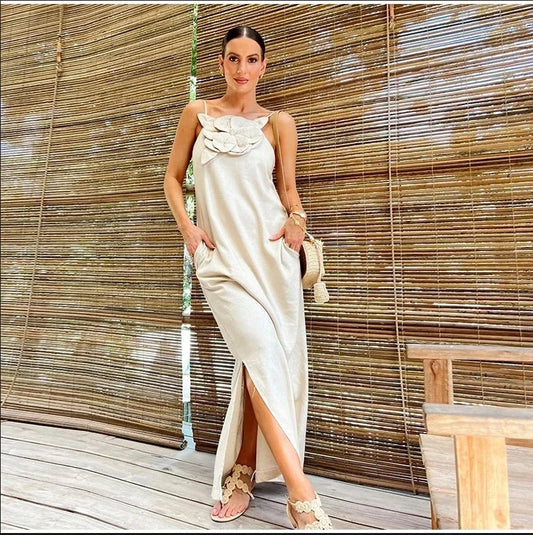 Cotton Linen Split 3D Flower Solid Sling Maxi Dress