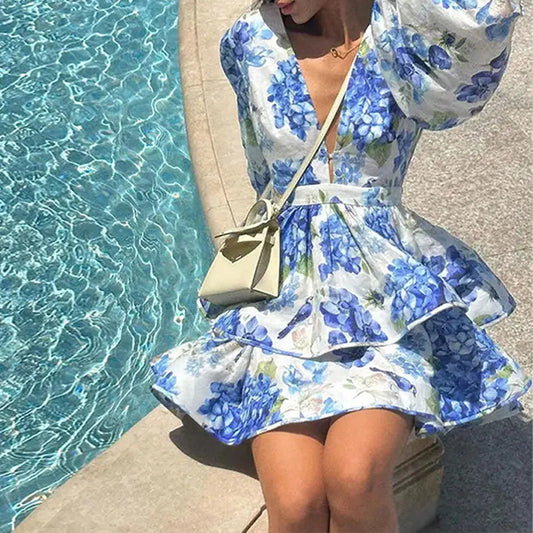 Elegant Floral Ruffle Layered Mini Evening Dress