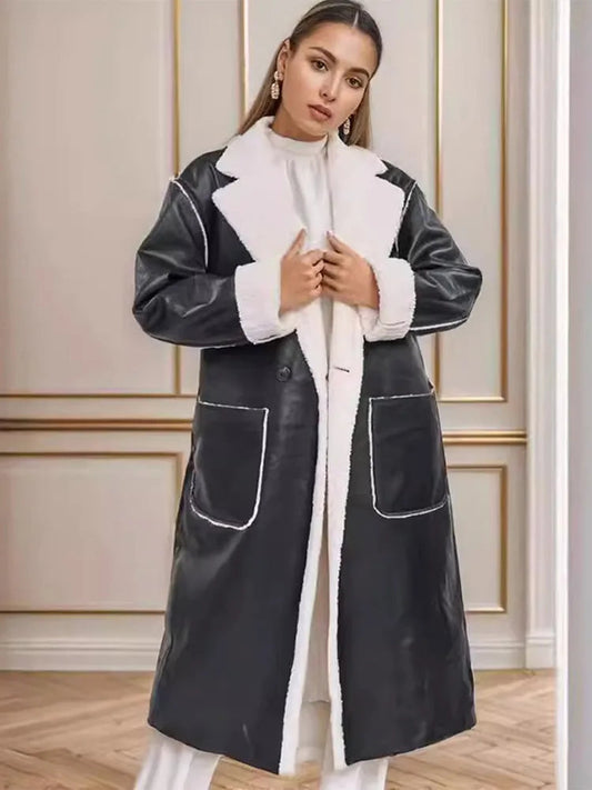 Elegant Lamb Wool PU Leather Belted Overcoat