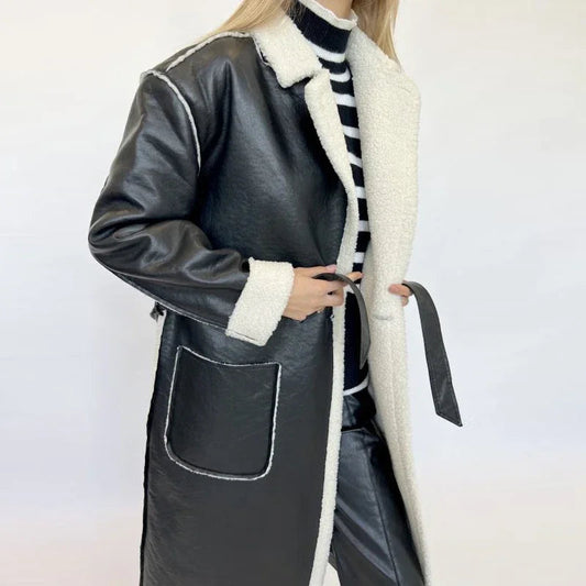 Elegant Lamb Wool PU Leather Belted Overcoat