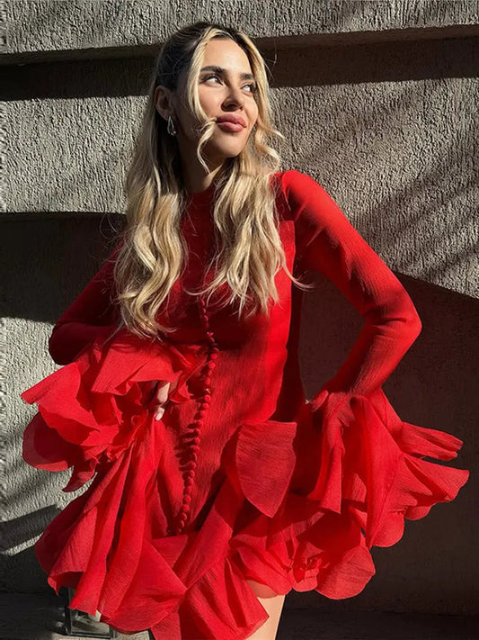 O-Neck Flare Sleeve Mini Dress