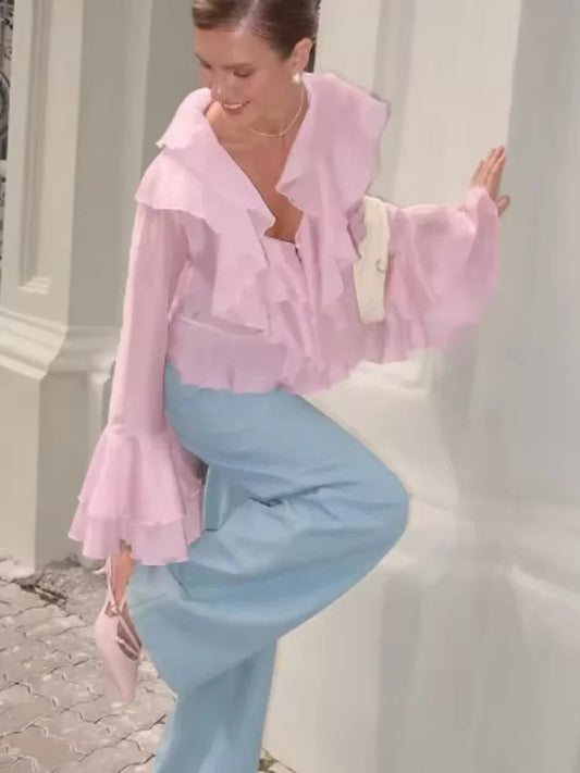 Ruffles V Neck Pink Chiffon Bloshope