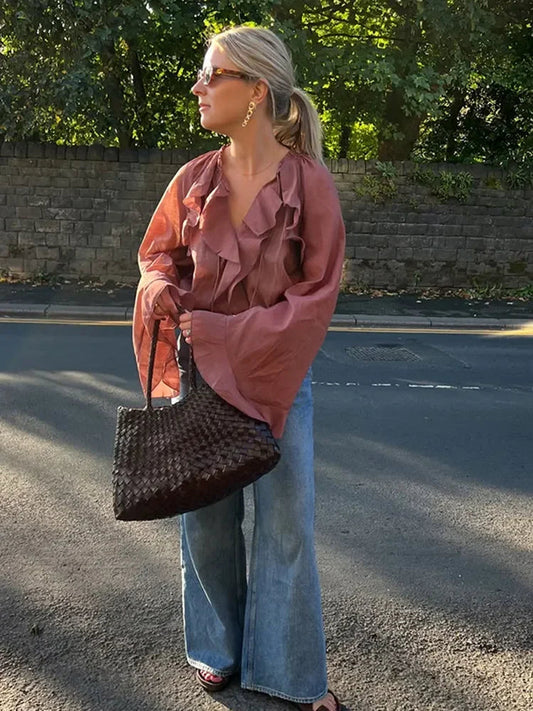 Ruffles Lace Up V Neck Gauze Bloshope