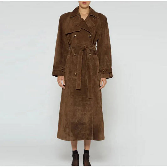 Suede Leather Chocolate Belted Overcoat
