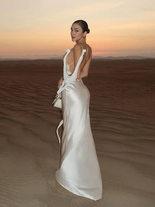 Elegant White Satin Maxi Vacation Dress
