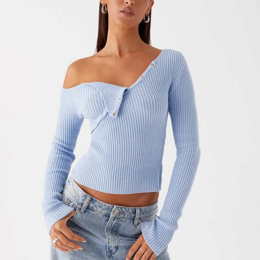 Elegant Off Shoulder Ribbed Solid Crop Slim Fit Knit Top