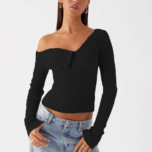 Elegant Off Shoulder Ribbed Solid Crop Slim Fit Knit Top