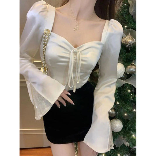 Elegant Lace Patchwork Flare Sleeve Sexy Slim Bloshope