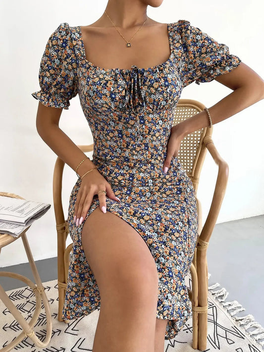 Elegant Pleated A-line Floral Print Casual Dress