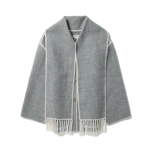 Fashion Woolen Coat With Scarf Tassels Overcoat