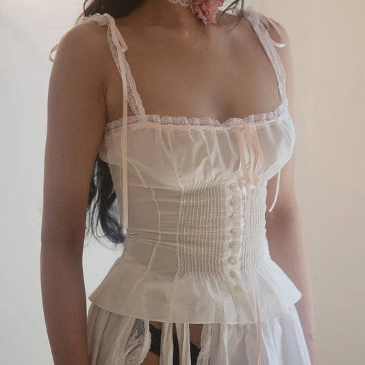 Lace Ribbon Bowknot Button-Up Slim Crop Top