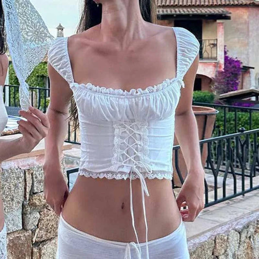 Lace Trim Tie Front Square Neck Crop Top