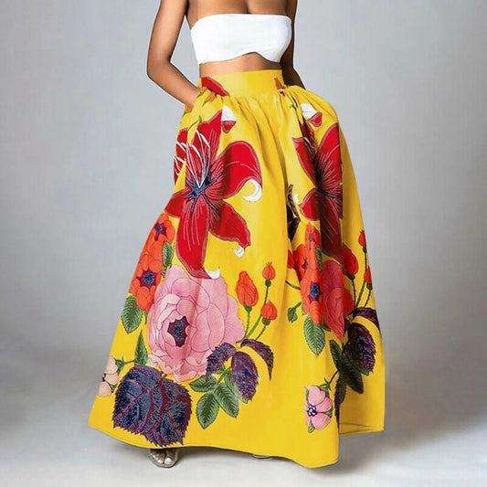 Big Flower Printed A-Line High Waist Long Maxi Skirt