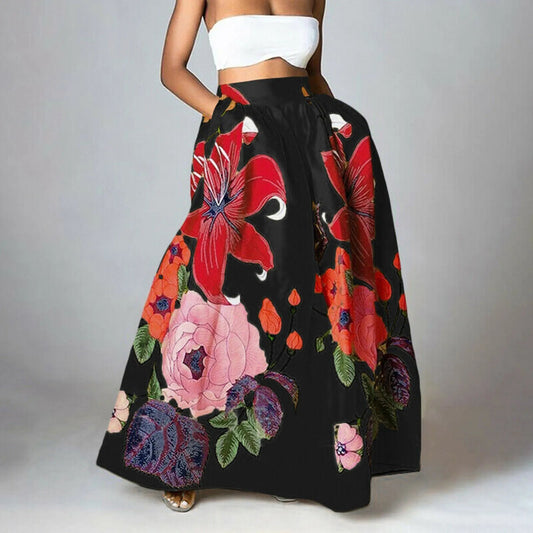 Big Flower Printed A-Line High Waist Long Maxi Skirt