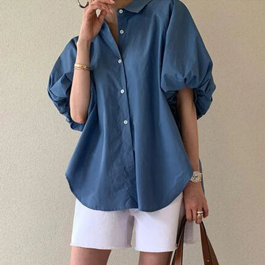 Blue Puff Sleeve Casual Loose Summer Shirt