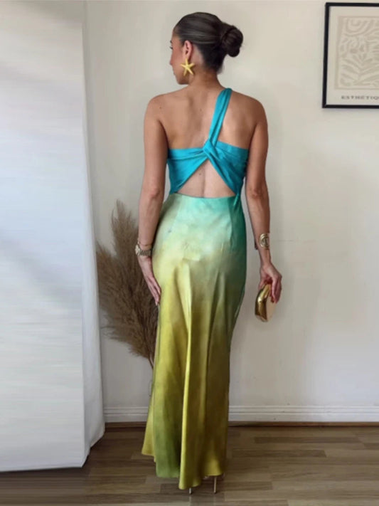 Diagonal Collar Gradient Vacation Dress